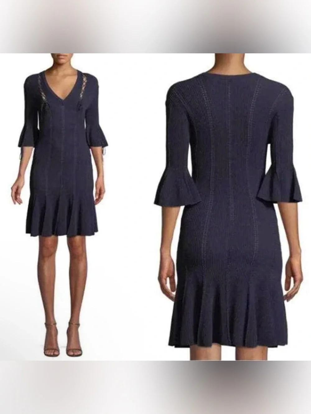 Johnathan Simkhai V-Neck Linked Rib Knit Flared Dress with Lace Up Details Sz S - Picture 2 of 9